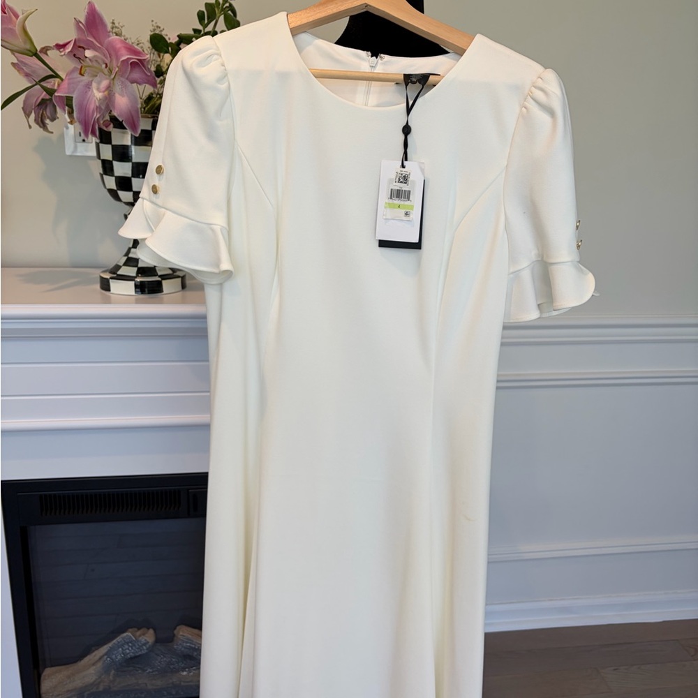 DKNY Cream Ruffle-Sleeve Midi Dress